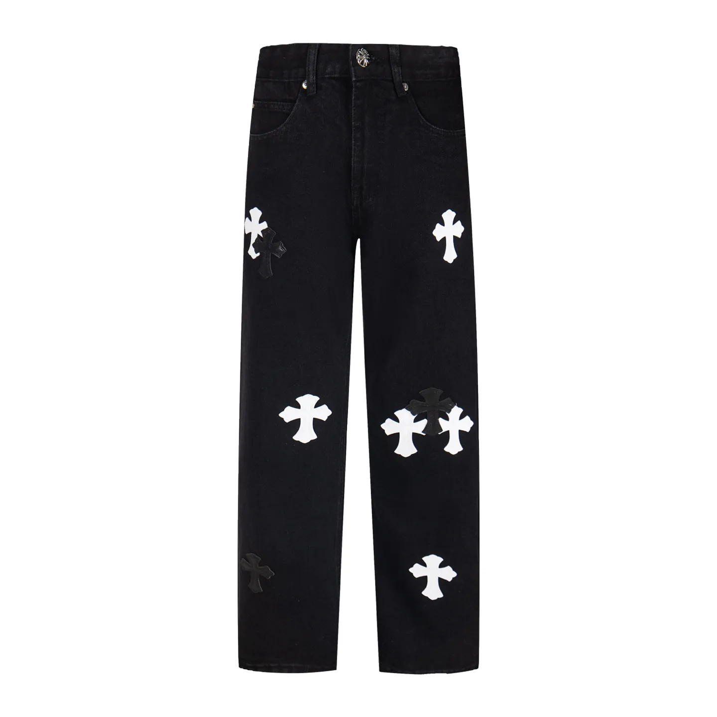 P260 Chrome Hearts Black Pants Sanskrit Black and White Patch Leather Jeans CH jeans need to be washed and then disassembled and hand-stitched with sheepskin cross leather and then spliced ​​together to complete. The whole piece has too many craftsmanship to explain, patchwork cross pattern embellishment, high-waisted washed jeans! ! Absolutely high-end luxury products, god-level single products and super popular products, made with top heavy industry, a must-see magic weapon. Customized hardware. The fabric is thick and soft after washing. It has good breathability. Customized small leather label. Unique design. The details are simple and elegant, and the workmanship is exquisite. The entire trousers are neatly routed and the details are in place! It’s so cool that both men and women can easily control the genderless trend! Style number: 1875# Color: black Size: 28 30 32 34